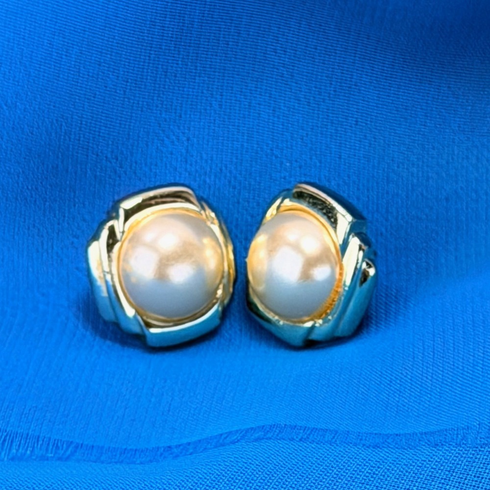Vintage gold-tone faux pearl button earrings with a textured geometric frame